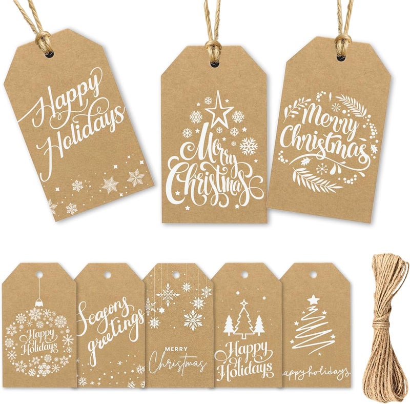 Paper Play Christmas Gift Tags - 80 Kraft-Style Gift Tags with String, 8 Modern Script Designs - Thick Cardstock Christmas Lables & Name Tags - Image 1